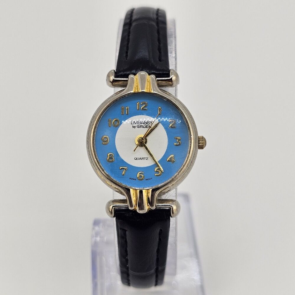 Embassy Gruen Women's Watch 24MM Blue White Dial New Black Leather Bands Battery